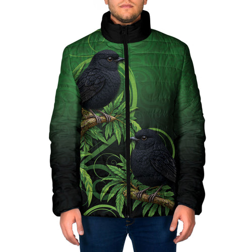 New Zealand Black Robin Padded Jacket Karure Maori Koru Art Tattoo