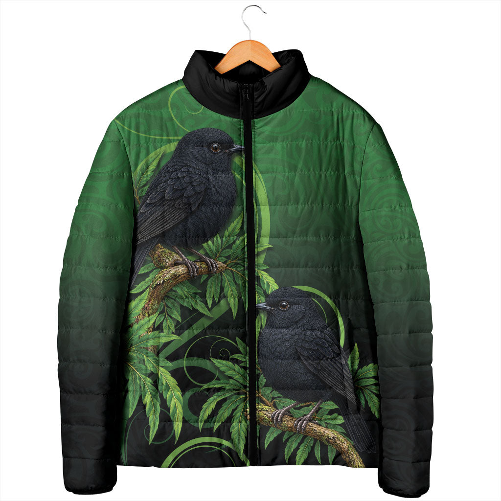 New Zealand Black Robin Padded Jacket Karure Maori Koru Art Tattoo