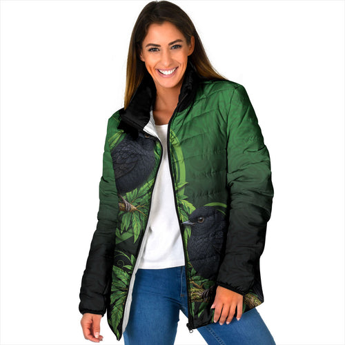 New Zealand Black Robin Padded Jacket Karure Maori Koru Art Tattoo