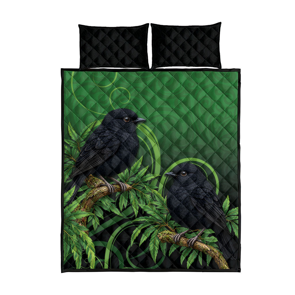 New Zealand Black Robin Quilt Bed Set Karure Maori Koru Art Tattoo