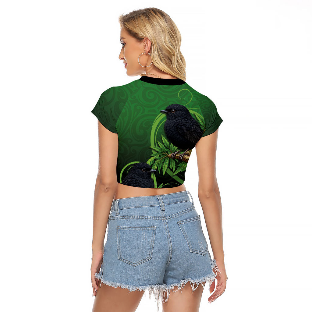New Zealand Black Robin Raglan Cropped T Shirt Karure Maori Koru Art Tattoo