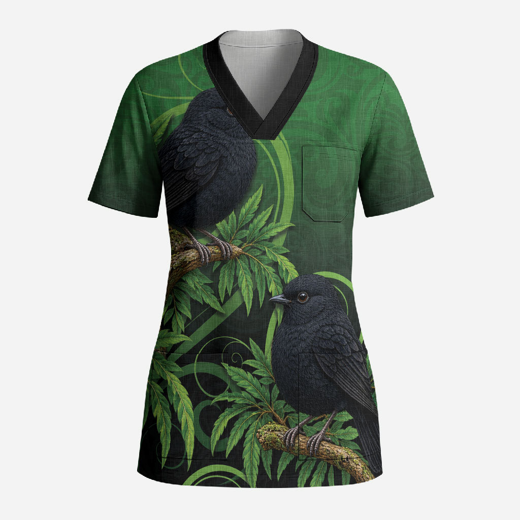 New Zealand Black Robin Scrub Top Karure Maori Koru Art Tattoo