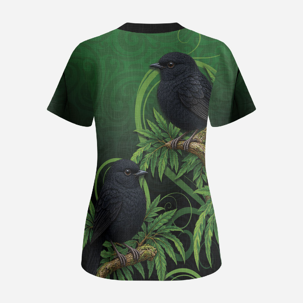 New Zealand Black Robin Scrub Top Karure Maori Koru Art Tattoo