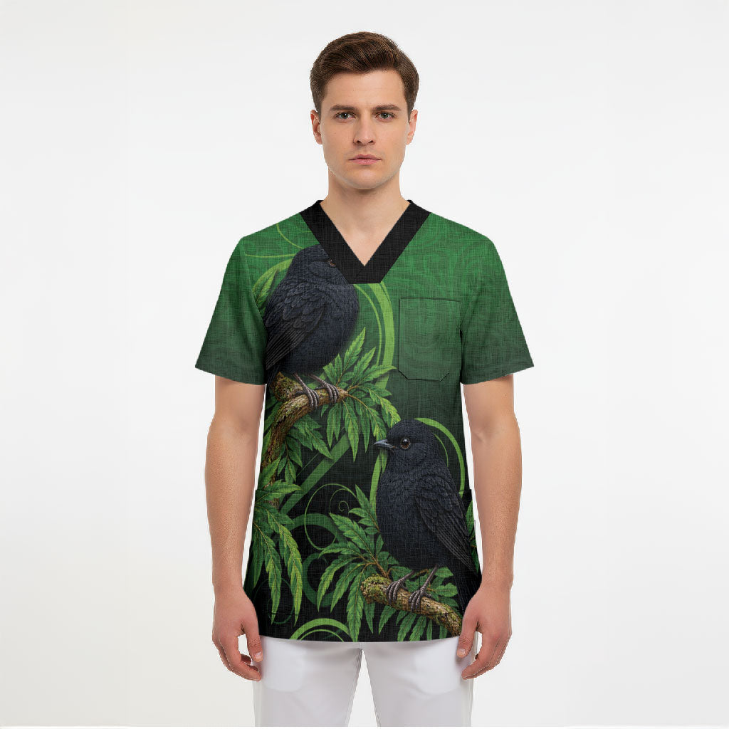 New Zealand Black Robin Scrub Top Karure Maori Koru Art Tattoo