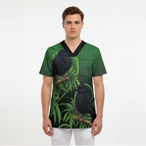 New Zealand Black Robin Scrub Top Karure Maori Koru Art Tattoo