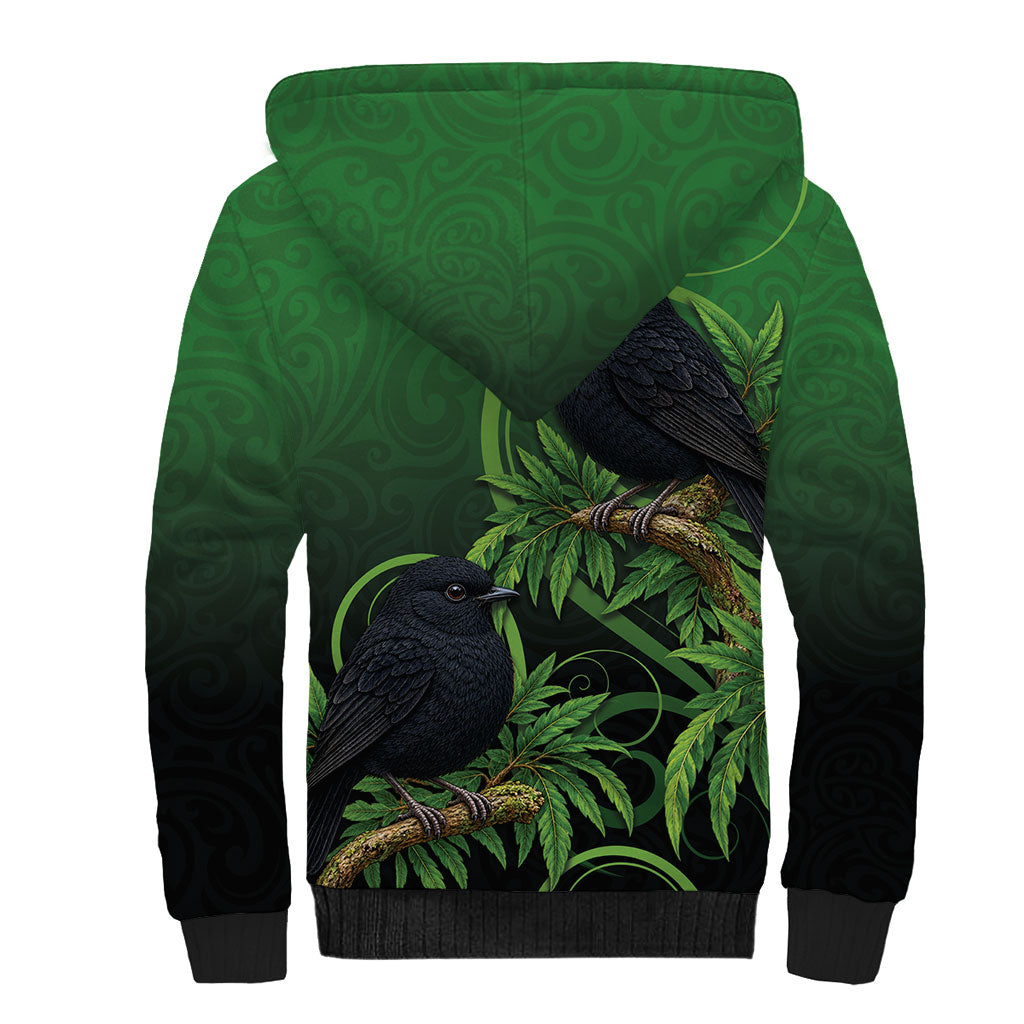 New Zealand Black Robin Sherpa Hoodie Karure Maori Koru Art Tattoo