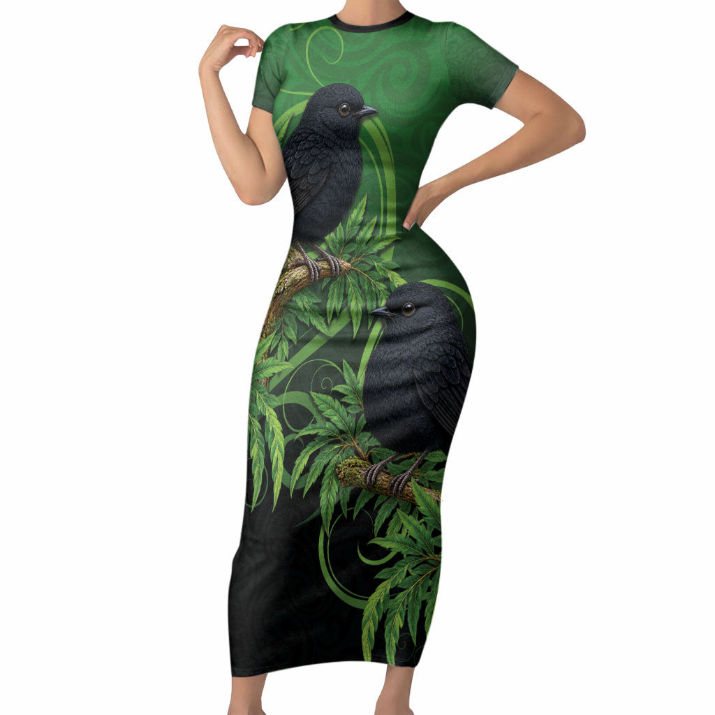 New Zealand Black Robin Short Sleeve Bodycon Dress Karure Maori Koru Art Tattoo