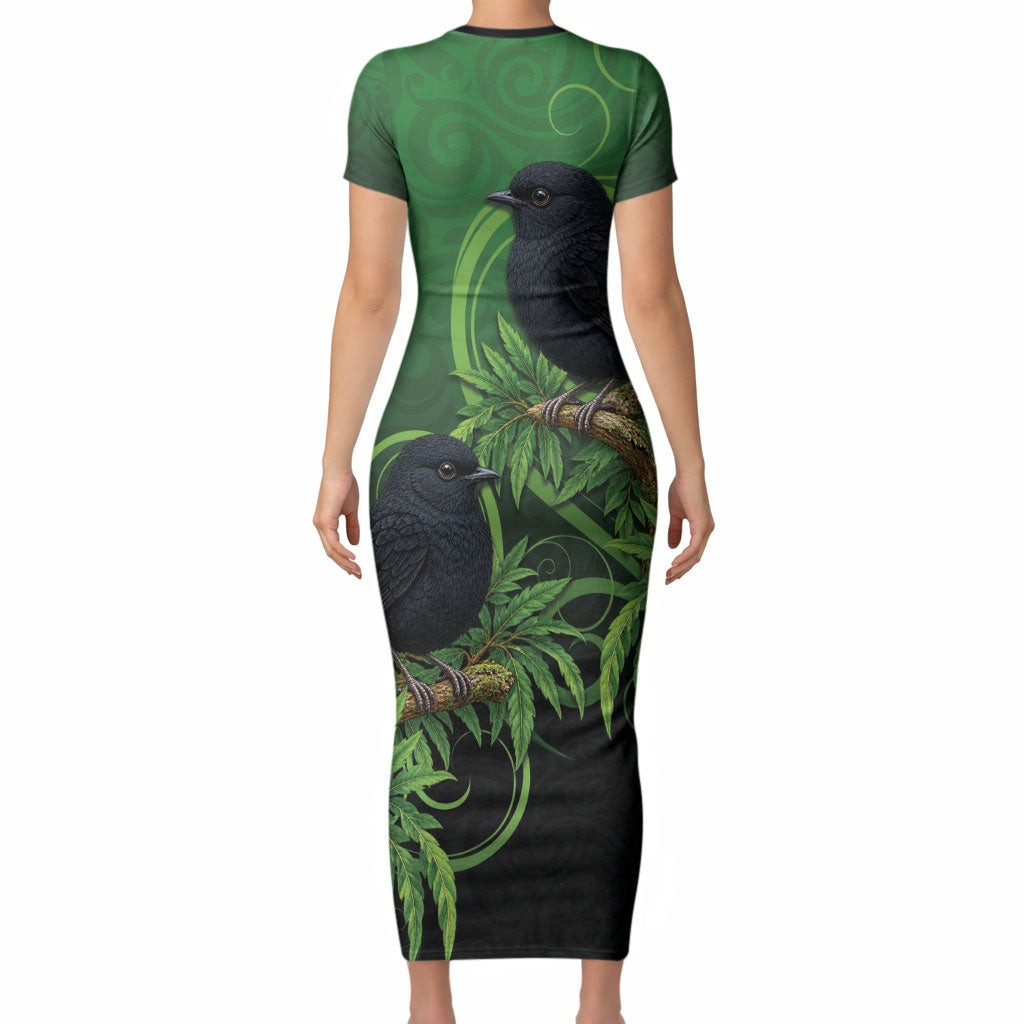 New Zealand Black Robin Short Sleeve Bodycon Dress Karure Maori Koru Art Tattoo