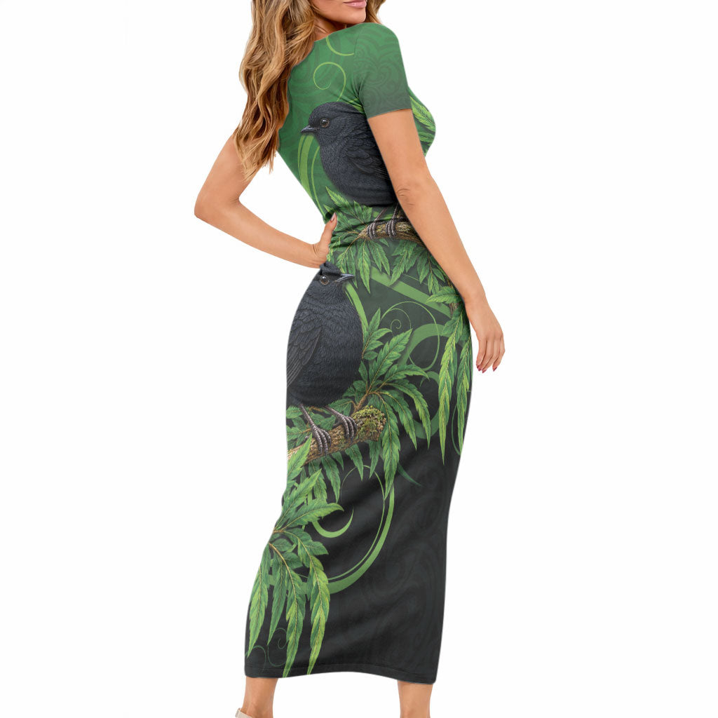 New Zealand Black Robin Short Sleeve Bodycon Dress Karure Maori Koru Art Tattoo