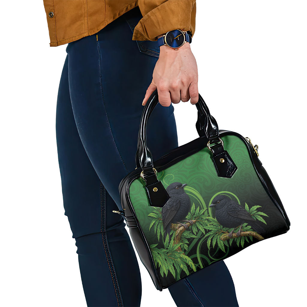 New Zealand Black Robin Shoulder Handbag Karure Maori Koru Art Tattoo
