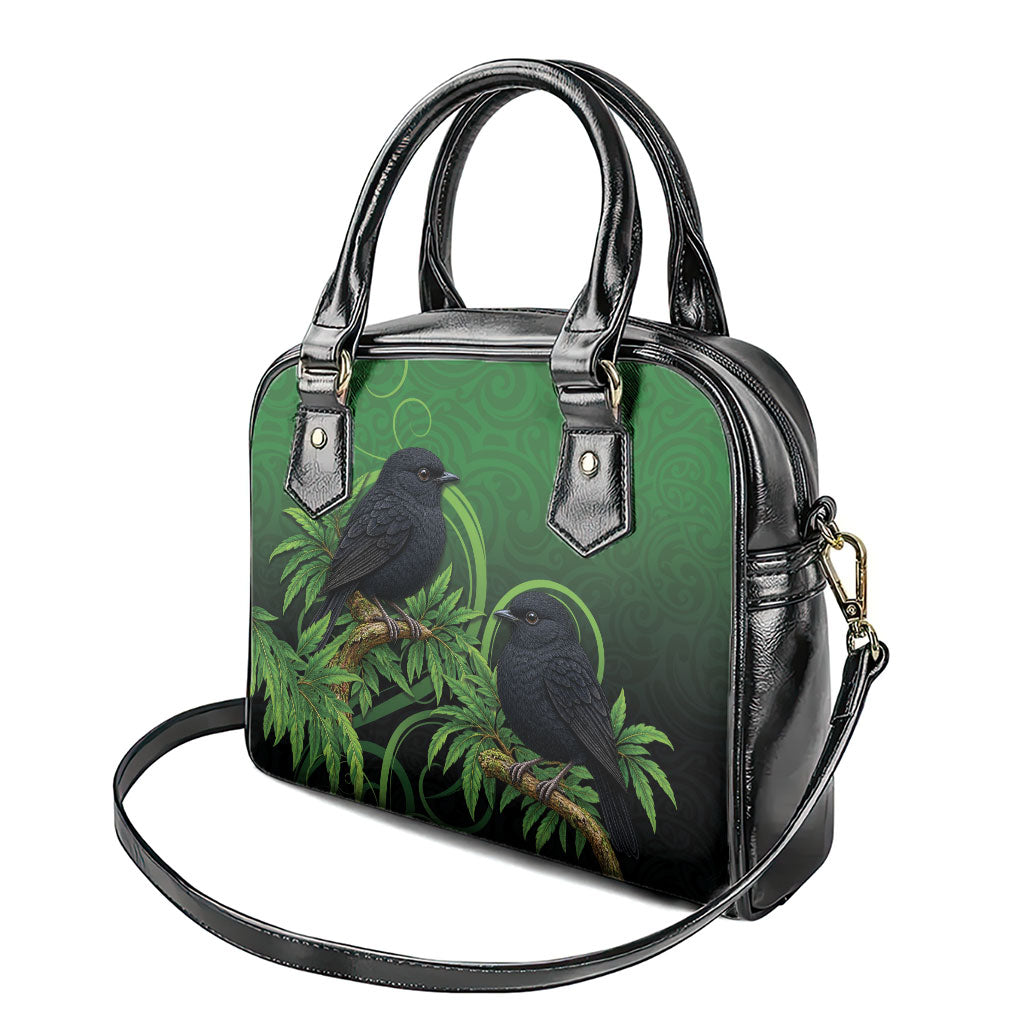 New Zealand Black Robin Shoulder Handbag Karure Maori Koru Art Tattoo