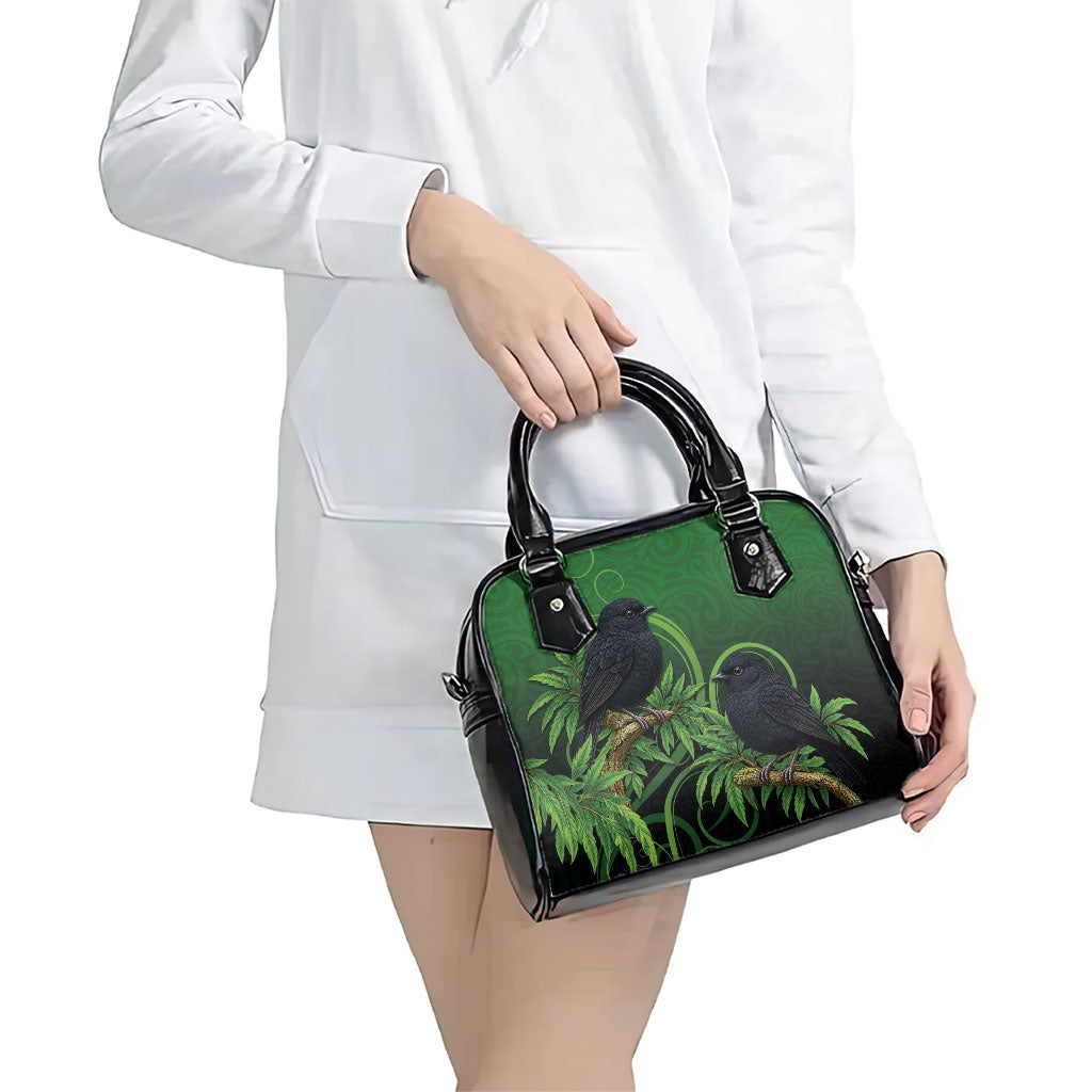 New Zealand Black Robin Shoulder Handbag Karure Maori Koru Art Tattoo