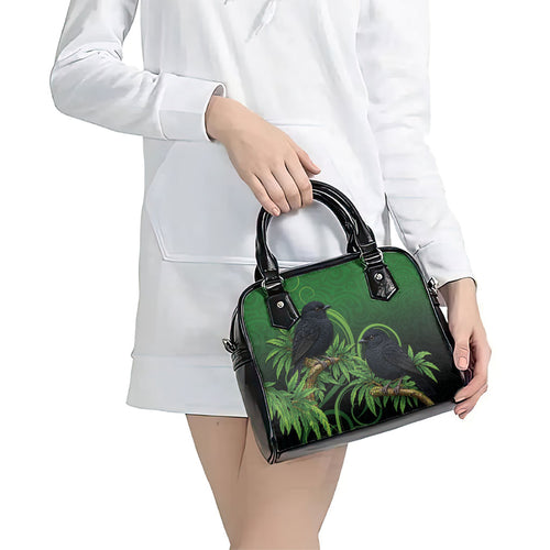 New Zealand Black Robin Shoulder Handbag Karure Maori Koru Art Tattoo