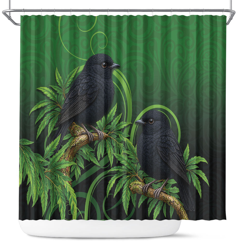 New Zealand Black Robin Shower Curtain Karure Maori Koru Art Tattoo
