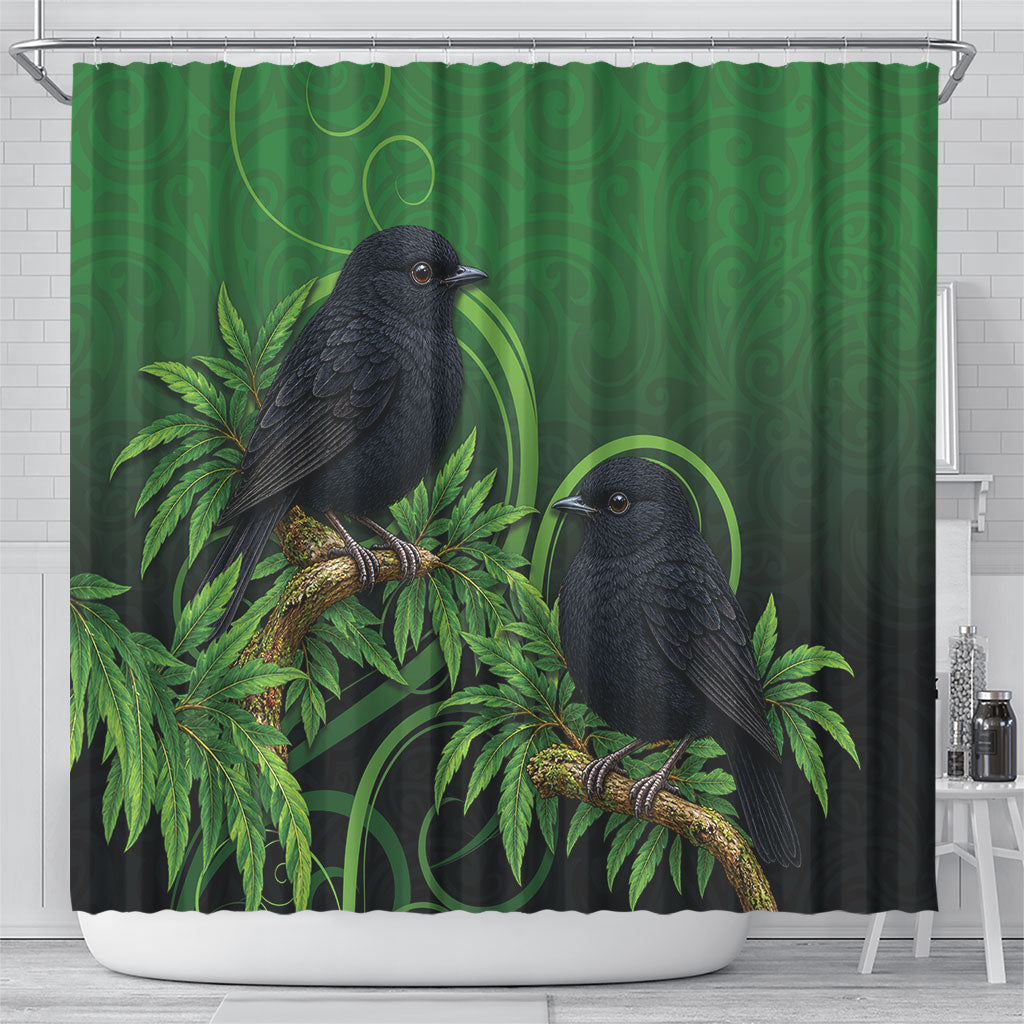 New Zealand Black Robin Shower Curtain Karure Maori Koru Art Tattoo