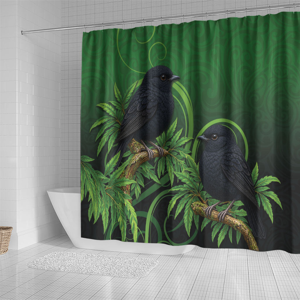 New Zealand Black Robin Shower Curtain Karure Maori Koru Art Tattoo