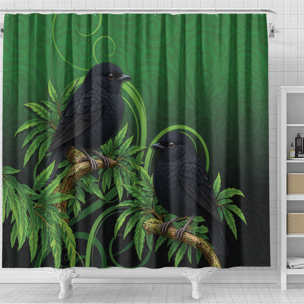 New Zealand Black Robin Shower Curtain Karure Maori Koru Art Tattoo