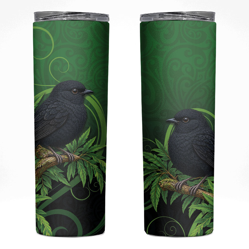 New Zealand Black Robin Skinny Tumbler Karure Maori Koru Art Tattoo