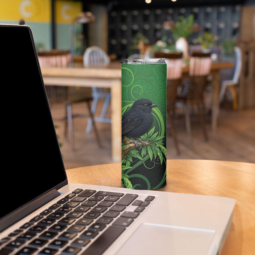 New Zealand Black Robin Skinny Tumbler Karure Maori Koru Art Tattoo