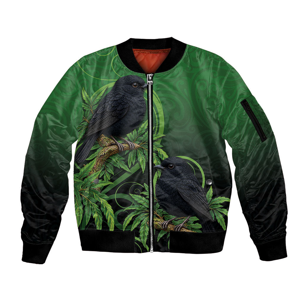 New Zealand Black Robin Sleeve Zip Bomber Jacket Karure Maori Koru Art Tattoo