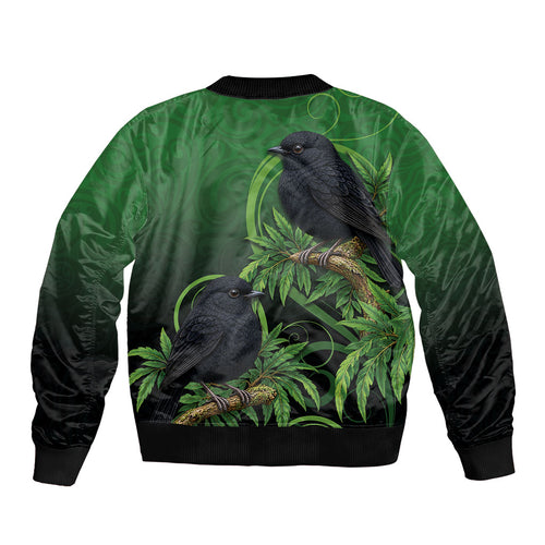 New Zealand Black Robin Sleeve Zip Bomber Jacket Karure Maori Koru Art Tattoo