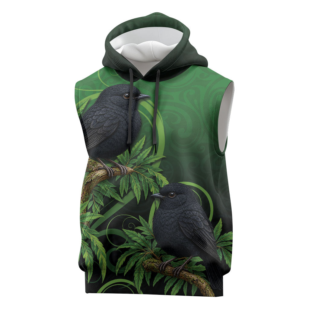 New Zealand Black Robin Sleeveless Hoodie Karure Maori Koru Art Tattoo
