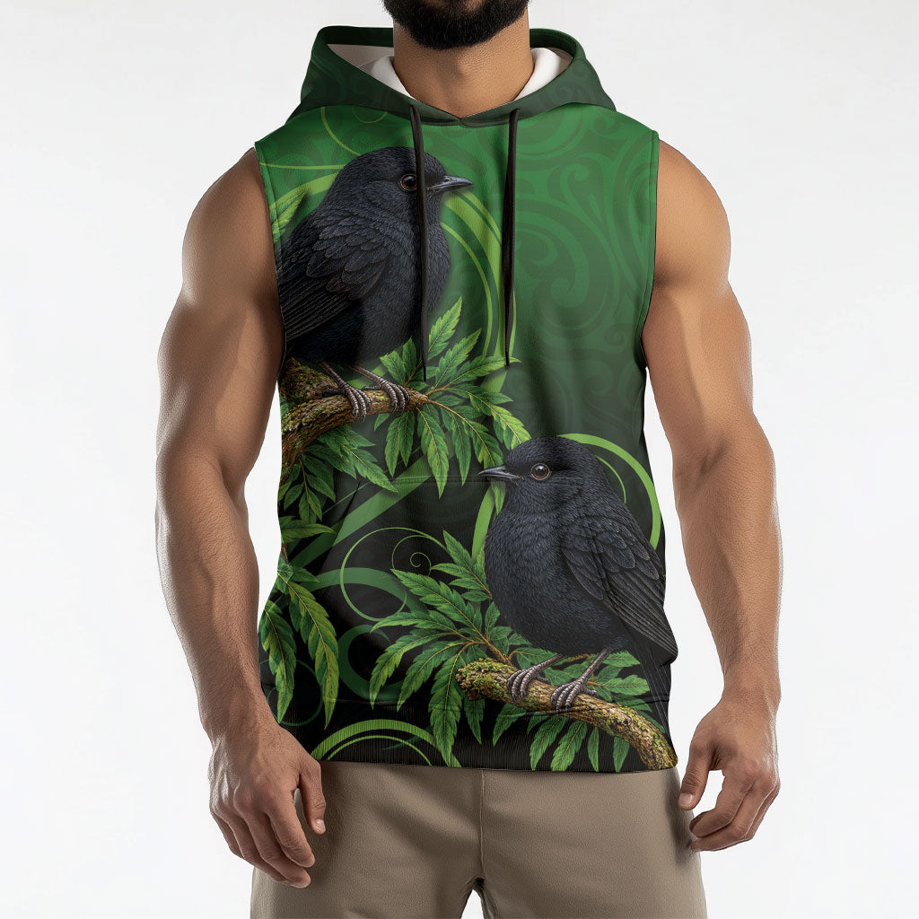New Zealand Black Robin Sleeveless Hoodie Karure Maori Koru Art Tattoo
