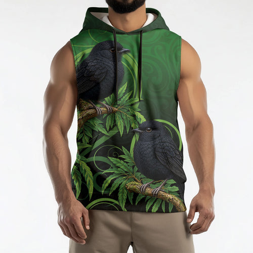 New Zealand Black Robin Sleeveless Hoodie Karure Maori Koru Art Tattoo