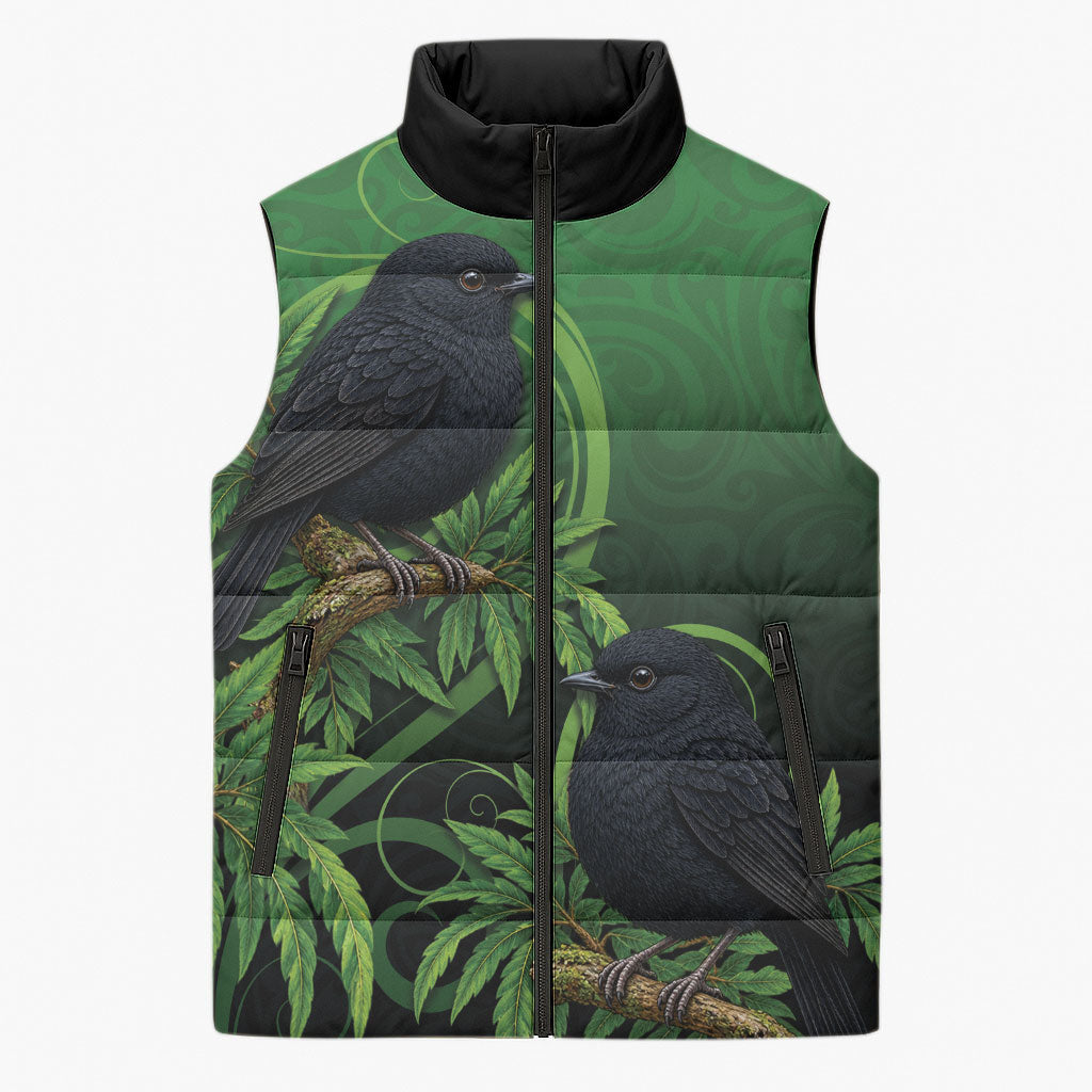 New Zealand Black Robin Sleeveless Puffer Jacket Karure Maori Koru Art Tattoo