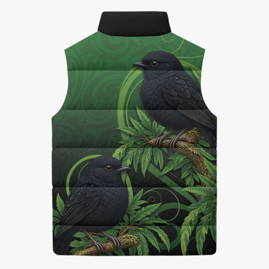 New Zealand Black Robin Sleeveless Puffer Jacket Karure Maori Koru Art Tattoo