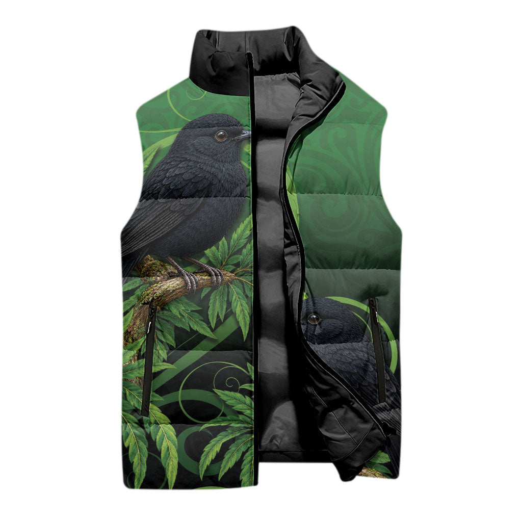 New Zealand Black Robin Sleeveless Puffer Jacket Karure Maori Koru Art Tattoo
