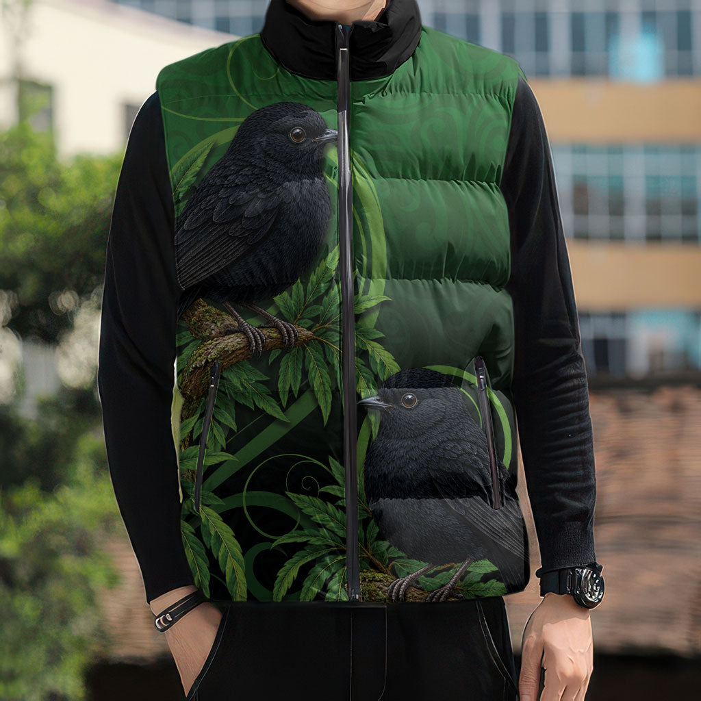 New Zealand Black Robin Sleeveless Puffer Jacket Karure Maori Koru Art Tattoo