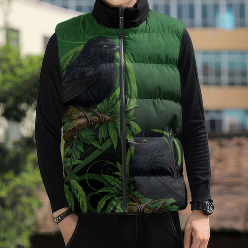 New Zealand Black Robin Sleeveless Puffer Jacket Karure Maori Koru Art Tattoo