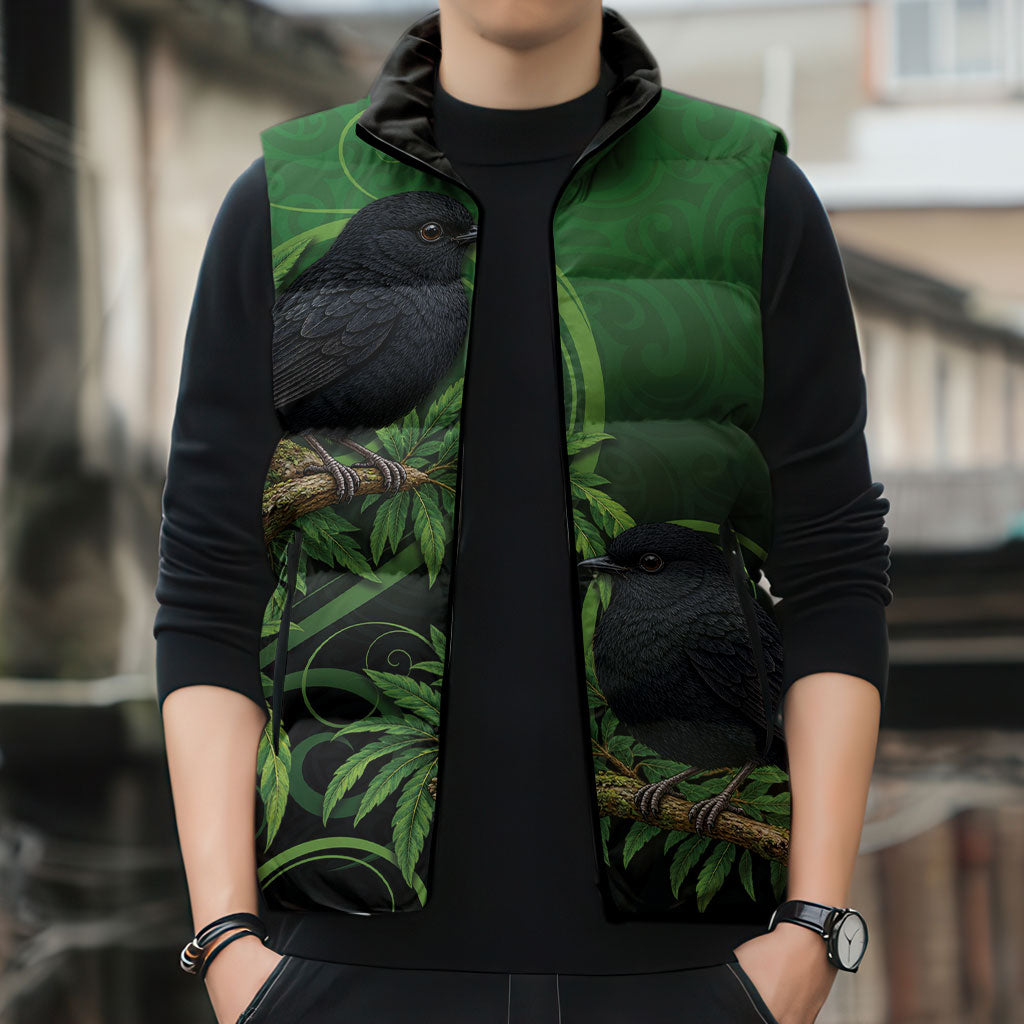 New Zealand Black Robin Sleeveless Puffer Jacket Karure Maori Koru Art Tattoo