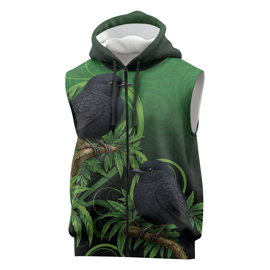 New Zealand Black Robin Sleeveless Zip Hoodie Karure Maori Koru Art Tattoo