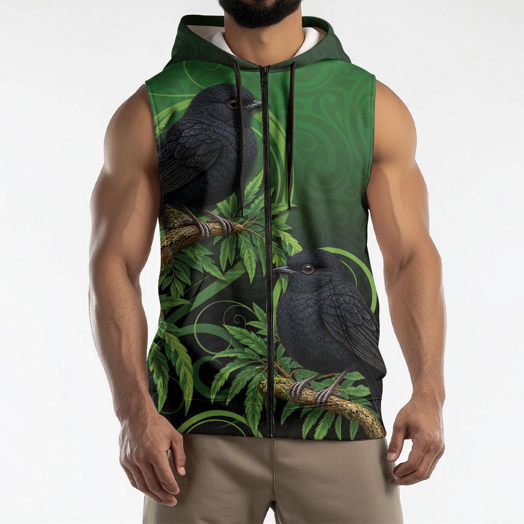 New Zealand Black Robin Sleeveless Zip Hoodie Karure Maori Koru Art Tattoo