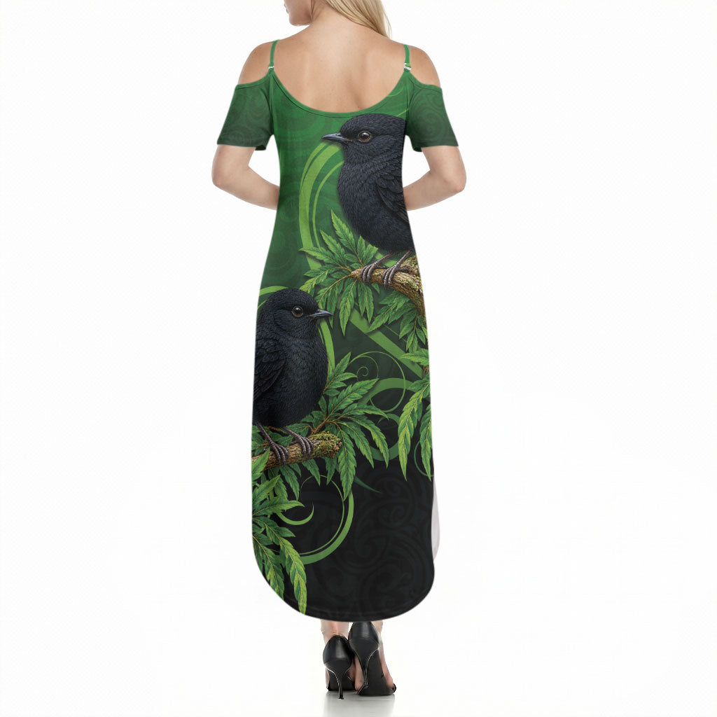 New Zealand Black Robin Summer Maxi Dress Karure Maori Koru Art Tattoo