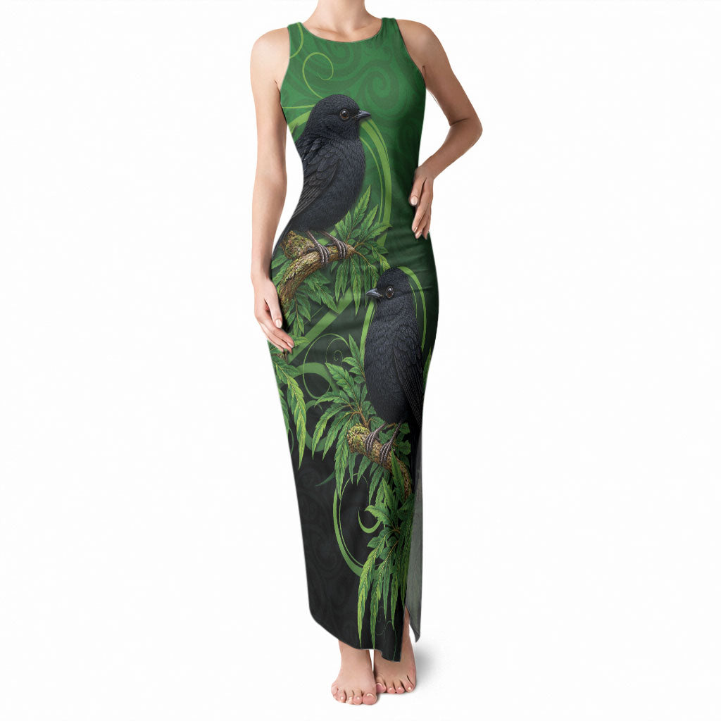New Zealand Black Robin Tank Maxi Dress Karure Maori Koru Art Tattoo