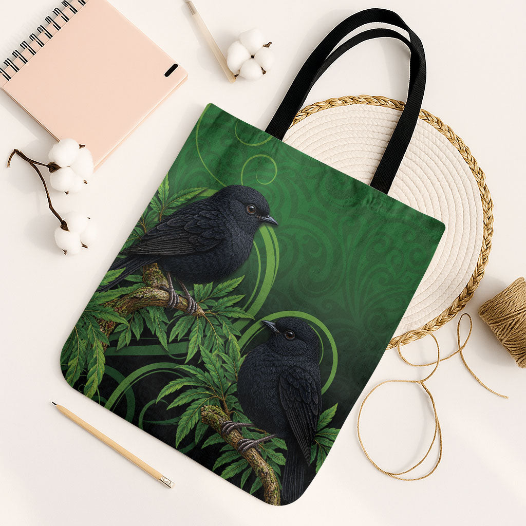 New Zealand Black Robin Tote Bag Karure Maori Koru Art Tattoo