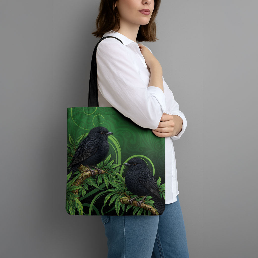 New Zealand Black Robin Tote Bag Karure Maori Koru Art Tattoo