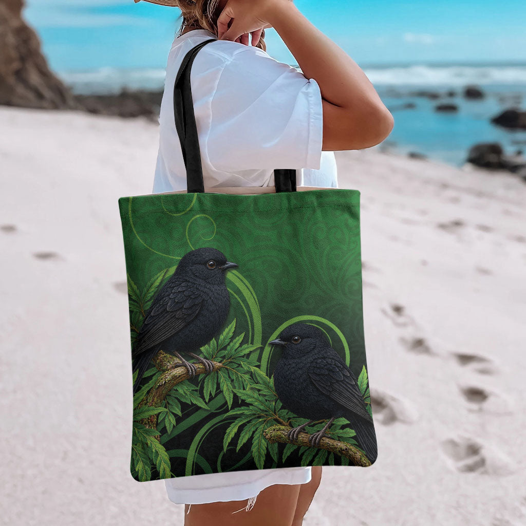 New Zealand Black Robin Tote Bag Karure Maori Koru Art Tattoo
