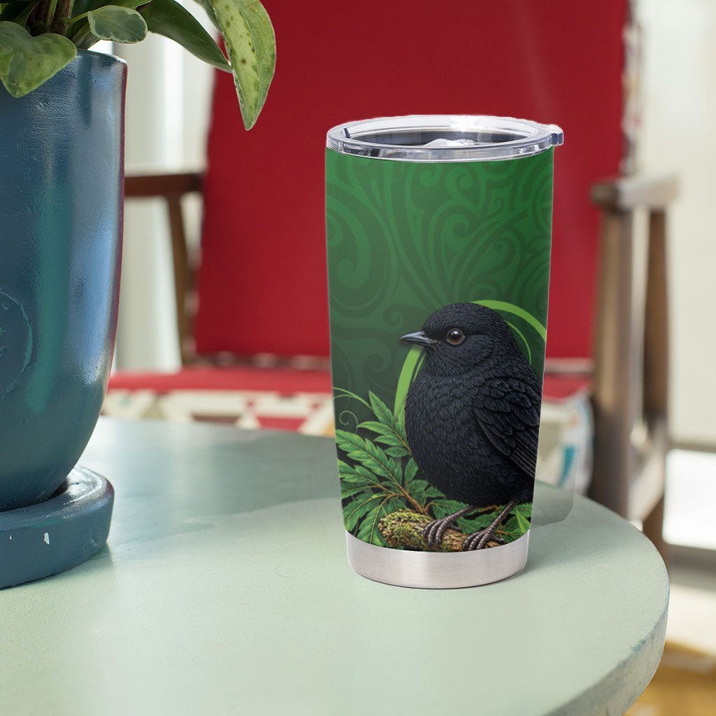 New Zealand Black Robin Tumbler Cup Karure Maori Koru Art Tattoo