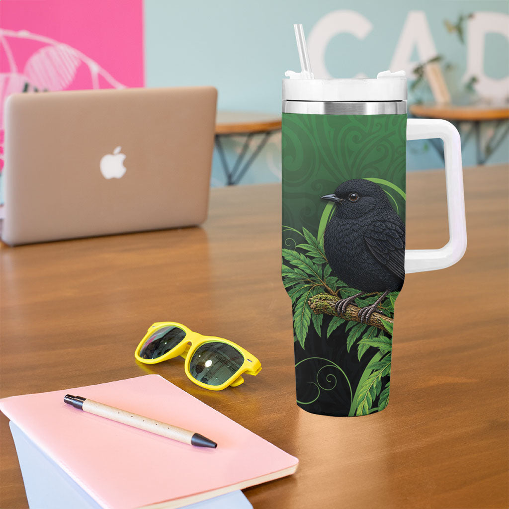 New Zealand Black Robin Tumbler With Handle Karure Maori Koru Art Tattoo