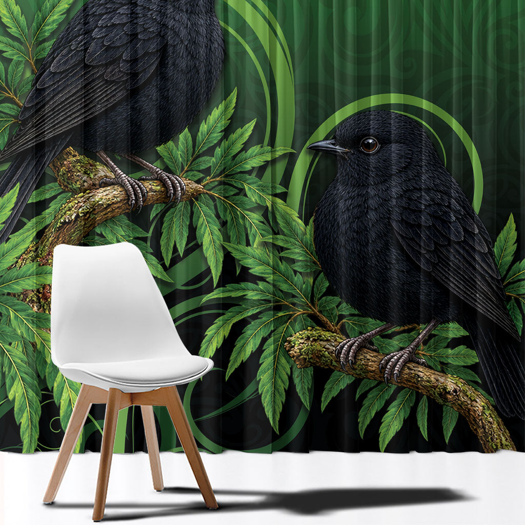 New Zealand Black Robin Window Curtain Karure Maori Koru Art Tattoo