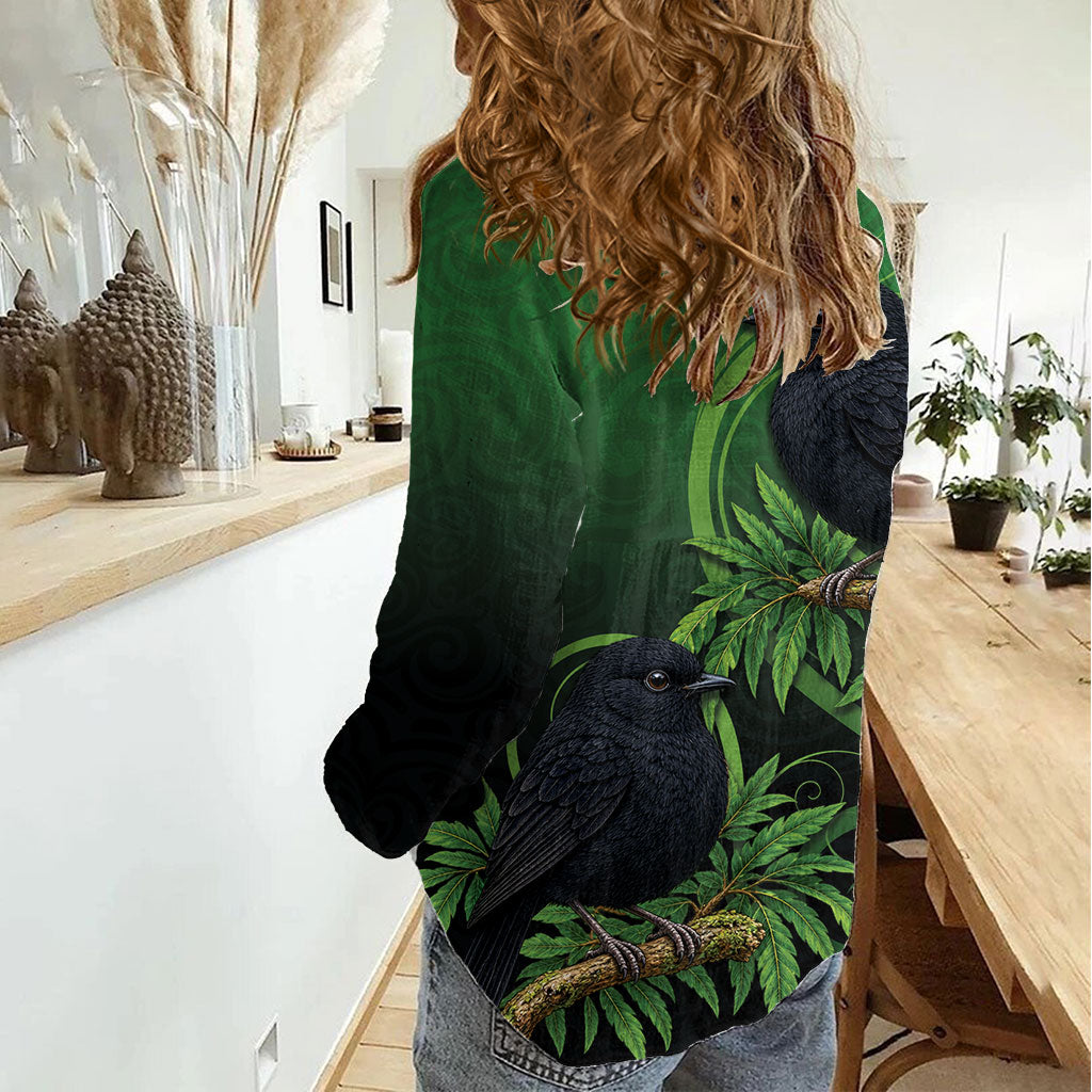 New Zealand Black Robin Women Casual Shirt Karure Maori Koru Art Tattoo