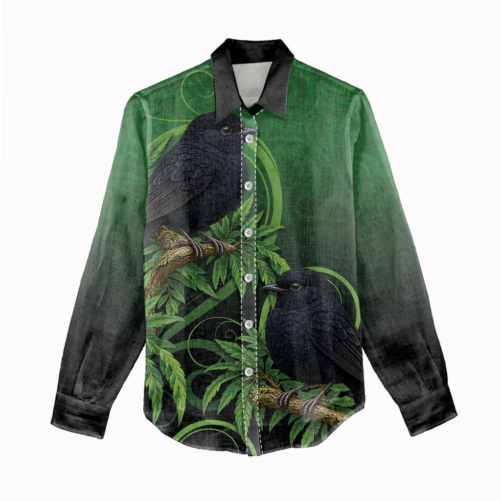 New Zealand Black Robin Women Casual Shirt Karure Maori Koru Art Tattoo