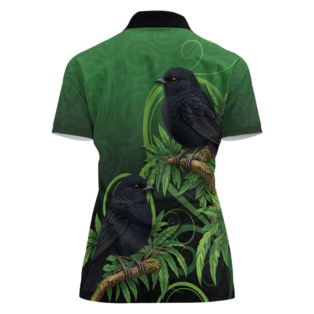 New Zealand Black Robin Women Polo Shirt Karure Maori Koru Art Tattoo