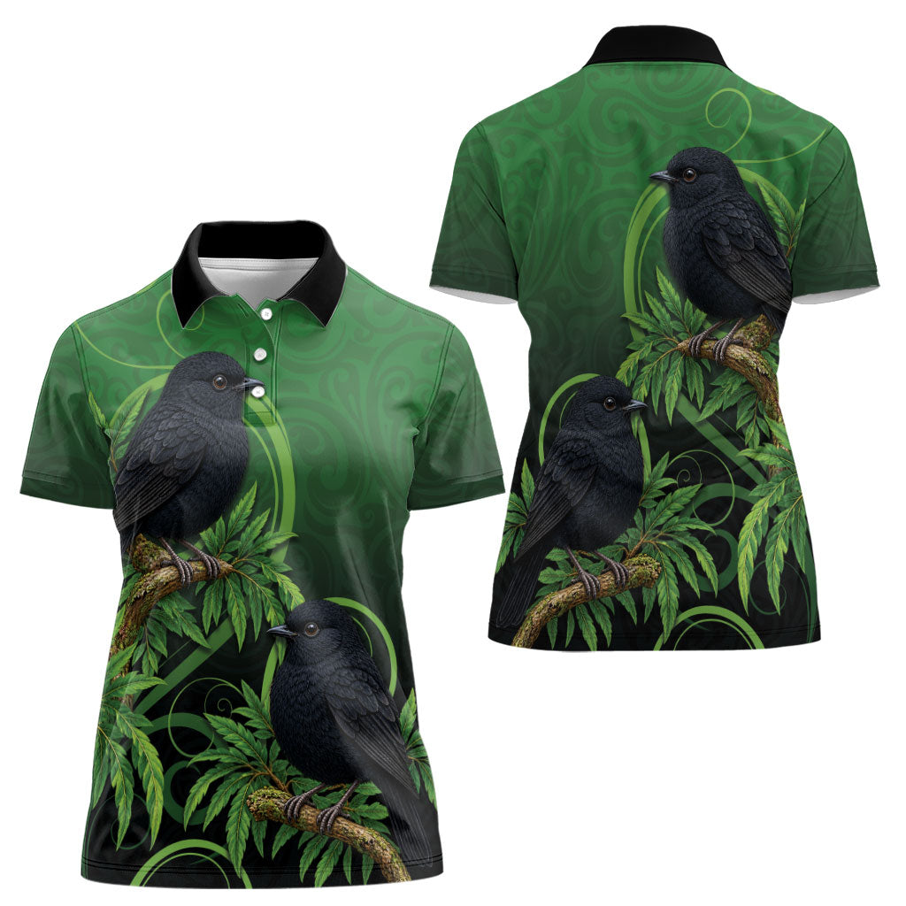 New Zealand Black Robin Women Polo Shirt Karure Maori Koru Art Tattoo