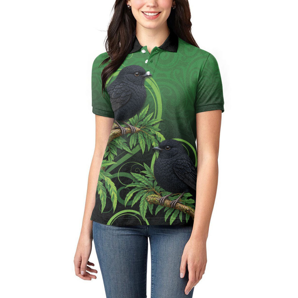New Zealand Black Robin Women Polo Shirt Karure Maori Koru Art Tattoo