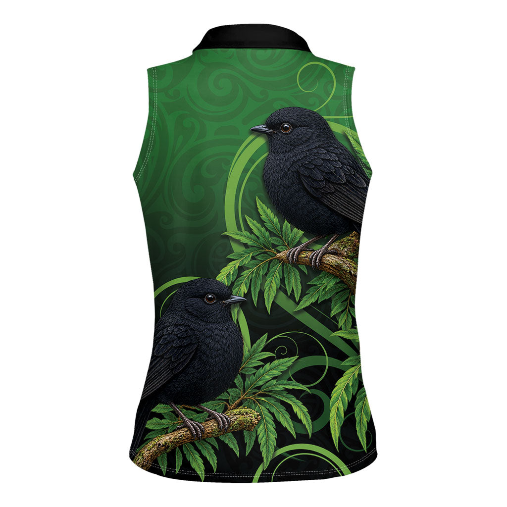 New Zealand Black Robin Women Sleeveless Polo Shirt Karure Maori Koru Art Tattoo